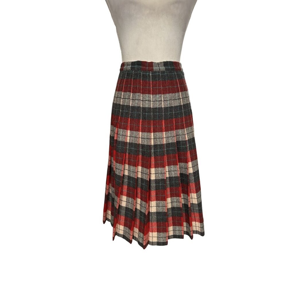 Vintage Red & Grey Plaid Wool Blend A-Line Midi Pleated Skirt 1960s Waist 25"